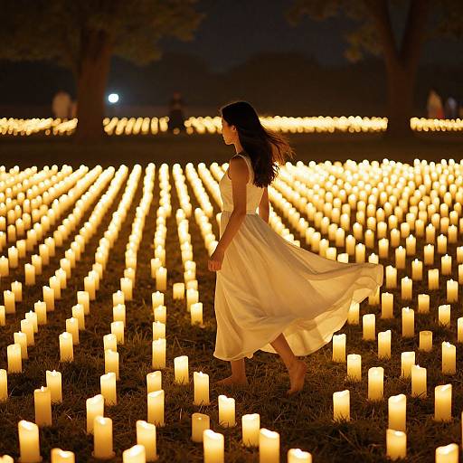 Photograph of a woman in a flowing white dress walking through a field of glowing candles at night.