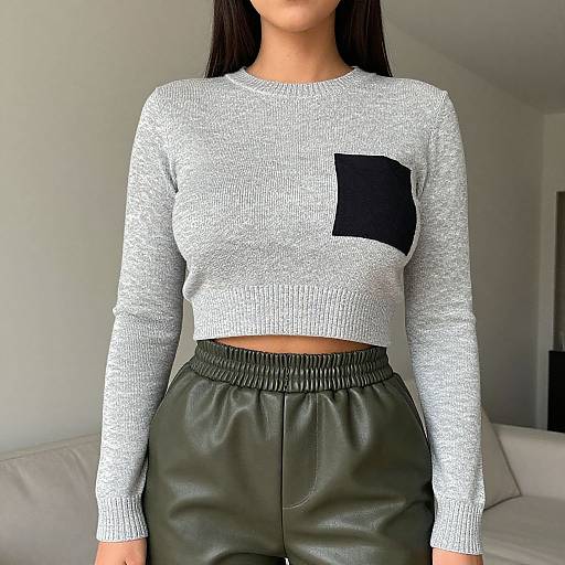 Photograph of a woman with long black hair wearing a gray, long-sleeve, crop top with a black pocket, and black leather pants,