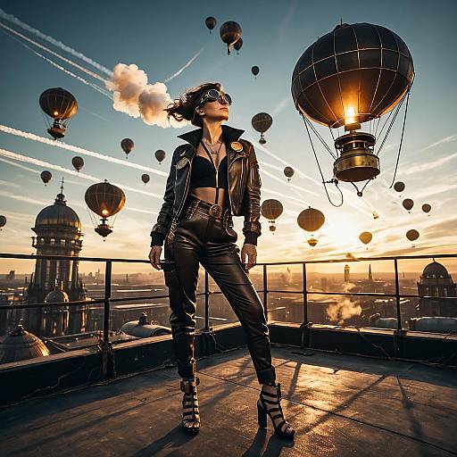 Steampunk Aviator on Rooftop with Airships at Sunset
