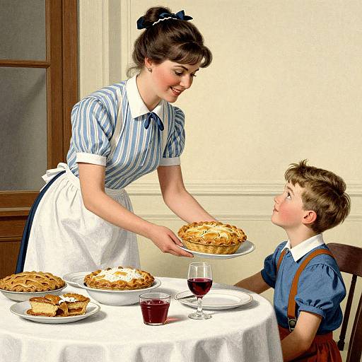 Vintage illustration of a smiling woman in a blue-striped dress and white apron offering a pastry to a young boy in a blue shirt and brown suspenders