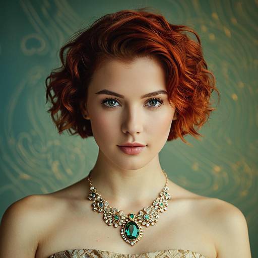 Portrait of Woman with Red Wavy Hair and Green Gem Necklace