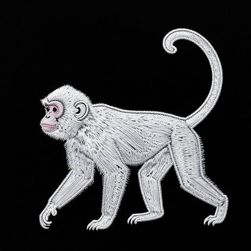 Digital drawing of a white-furred monkey with a curled tail, pink lips, and black eyes, walking on a black background.