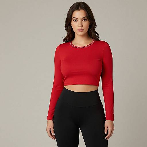 Photograph of a young woman with medium-length dark hair, wearing a red long-sleeve crop top and black high-waisted pants, standing