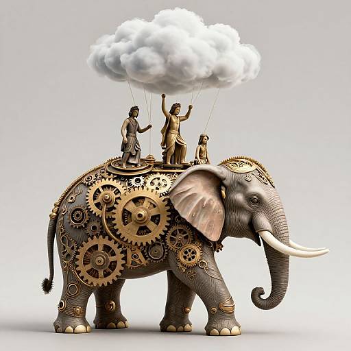 Digital illustration of a mechanical, gear-adorned elephant with four statues atop, lifting a cloud with strings, set against a white background.