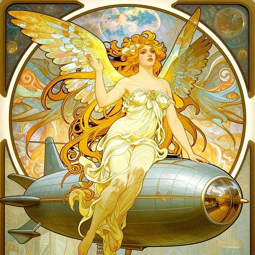Art Nouveau-style digital illustration of an angelic woman with golden wings and flowing orange hair, seated on a vintage bomber plane, set against a celestial