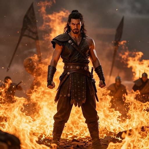 Photograph of a muscular, dark-haired warrior with a black leather armor and loincloth, standing confidently in front of intense flames, with armed soldiers
