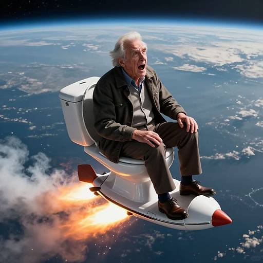 Terrified Grandpa on Rocket Toilet Soaring