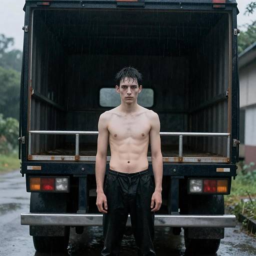 Shirtless man standing in front of open-back truck in rain