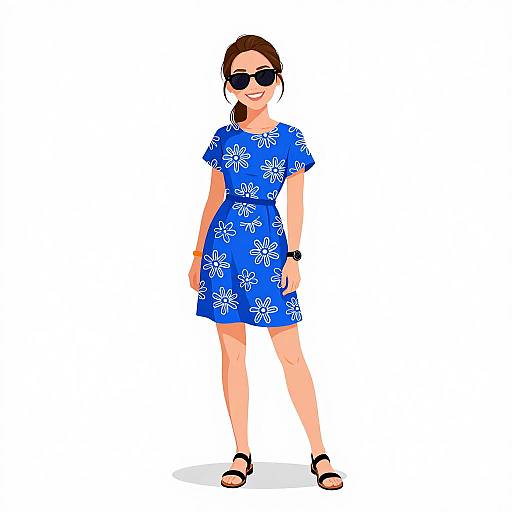 Digital illustration of a smiling woman with brown hair in a blue floral dress, black sunglasses, black sandals, and a watch. White background. Casual summer