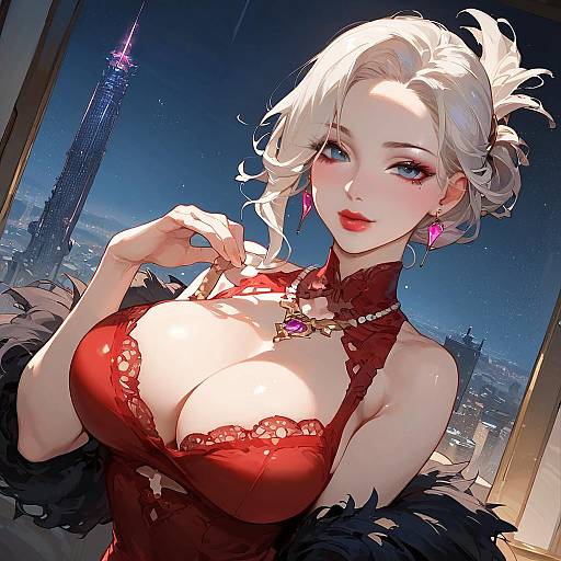 Digital anime-style portrait of a fair-skinned woman with platinum blonde hair, blue eyes, and large breasts in a red lace corset, adorned with