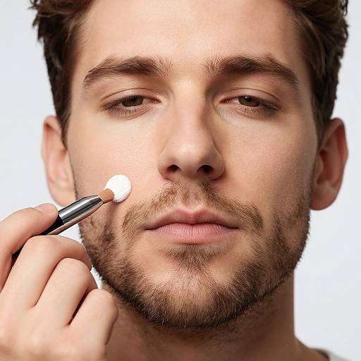 Photograph of a bearded, brown-haired man applying blush with a makeup brush to his right cheek, white background, close-up.