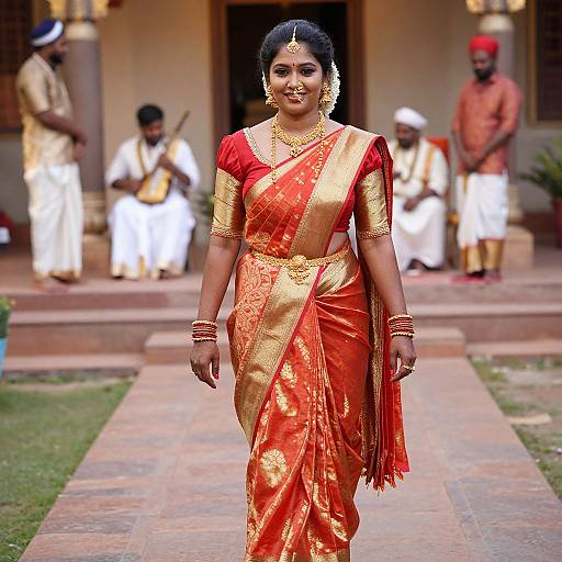 Photograph of a beautiful Indian bride in a vibrant red and gold saree, adorned with jewelry, walking confidently down a stone path with traditional musicians in