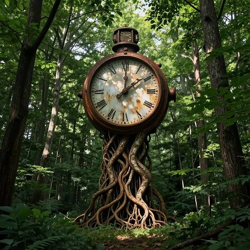 Photograph of a vintage, clock with twisted tree roots base, standing in a dense, sunlit forest with lush green foliage.