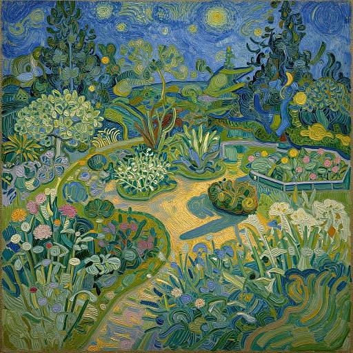 Vibrant, swirling, impressionist-style garden painting by Vincent van Gogh, featuring a colorful mix of flowers, trees, and a winding path