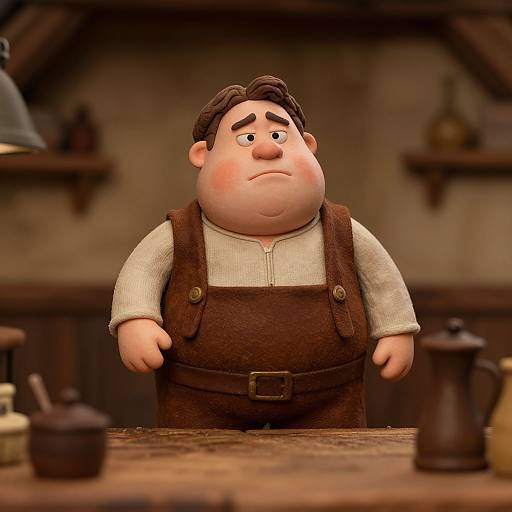 3D CGI image of a chubby, sad-looking man with short brown hair, wearing brown overalls and white shirt, standing in a rustic kitchen.