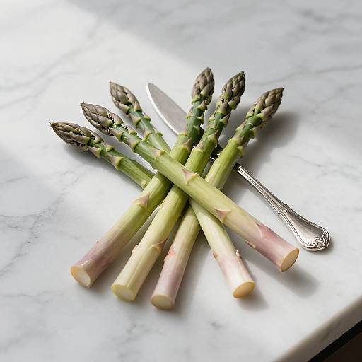 Fresh asparagus spears with silver knife on marble