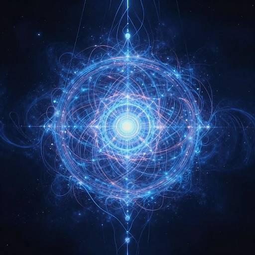 Digital art of a glowing blue, circular, cosmic mandala with intricate, radiating lines and star-like points against a dark, starry background.