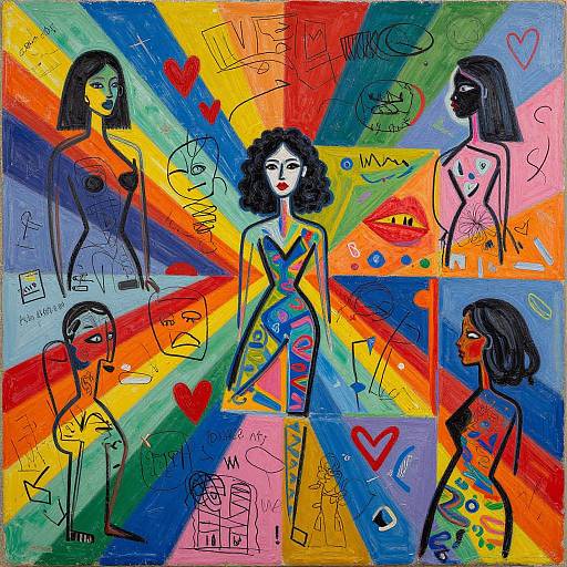 Vibrant, abstract, colorful digital painting featuring six stylized, black-haired women with diverse body types, surrounded by rainbow rays, hearts, and