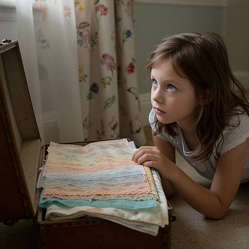 Photograph of a young girl with brown hair, blue eyes, and white shirt, intently studying colorful maps in a sunlit room.
