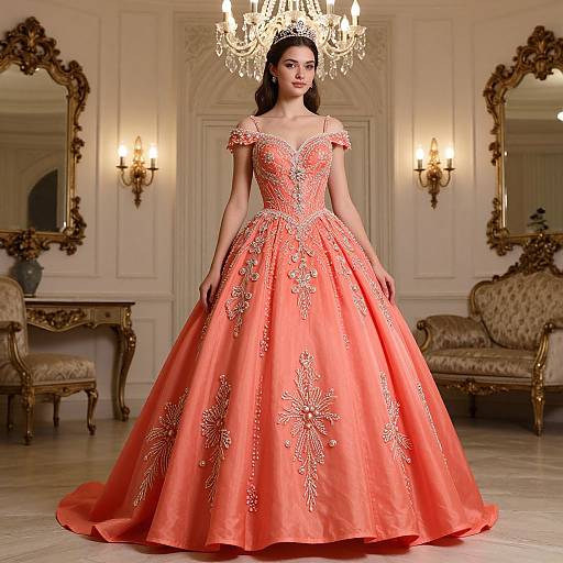 Photograph of a brunette woman in an off-the-shoulder, coral ball gown with gold floral embroidery, standing in an opulent room with a