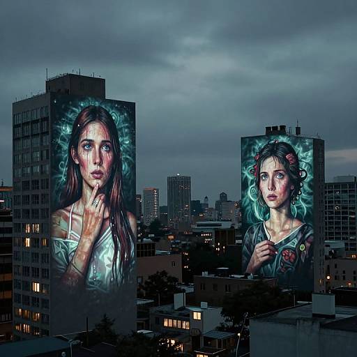 Photograph of a cityscape at dusk with two large, illuminated, hyper-realistic mural portraits of a woman with blue eyes and red hair on tall