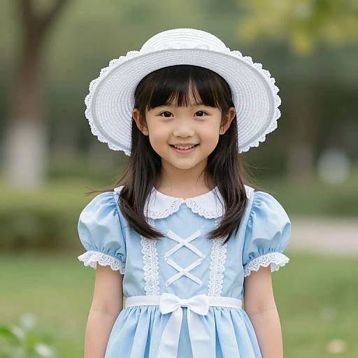 Photograph of a smiling Asian girl with long black hair, wearing a light blue dress with white lace and a white sunhat, standing in a green