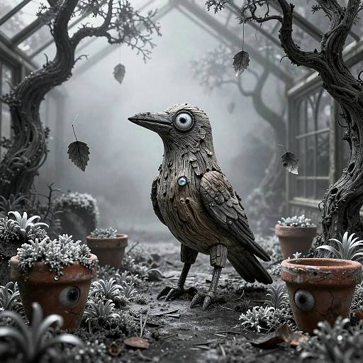 Digital art of a surreal, anthropomorphic bird with large, round eyes standing in a misty, overgrown greenhouse filled with potted plants.