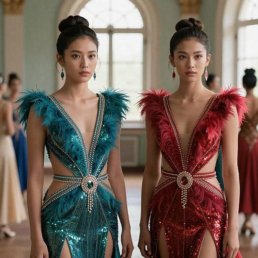 Elegant Women in Vibrant Dresses Photograph