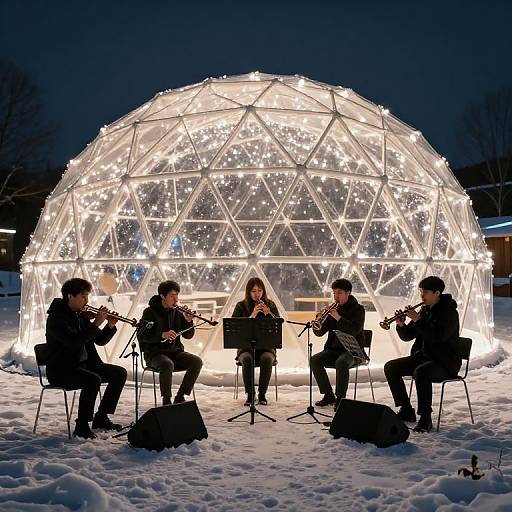 Photograph of five musicians playing string instruments under a glowing, snow-covered geodesic dome at night, surrounded by snow and darkness.