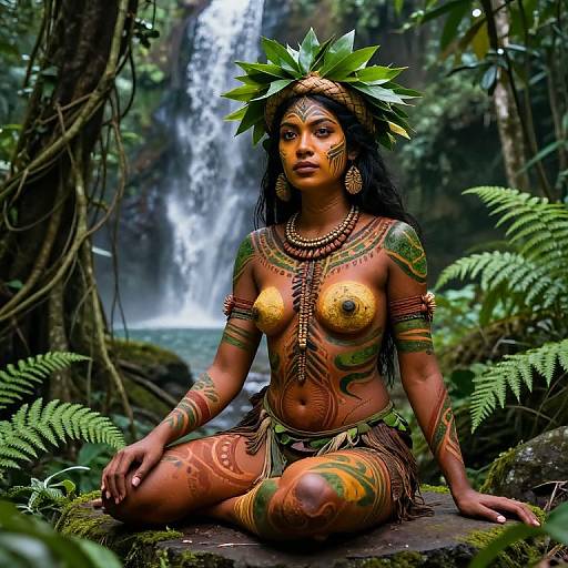 Digital artwork of a topless, tattooed, dark-skinned woman with green leaf crown, sitting in a lush jungle by a waterfall.