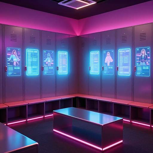 Neon-lit futuristic room with glowing blue holographic portraits on metal lockers, red-pink ambient lighting, and sleek black benches and tables.