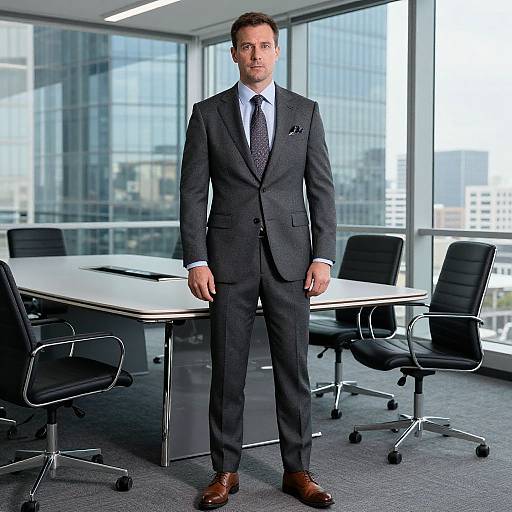Photograph of a suited, light-skinned man with short brown hair standing in a modern, glass-walled office, wearing a dark gray suit,