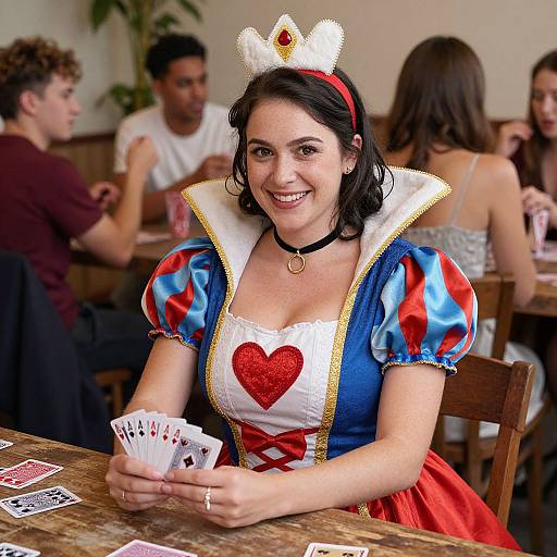 Photograph of a smiling woman in a Cinderella-inspired costume with a red heart, blue and red puffed sleeves, and white crown, playing cards