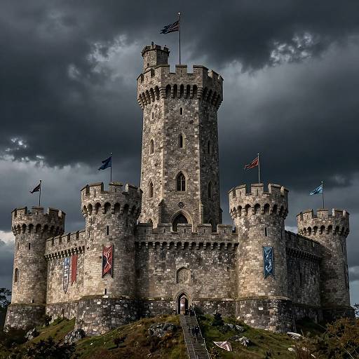 Photograph of a dramatic, medieval stone castle with four turrets, dark cloudy sky, flags, and banners, set on a rocky hill.