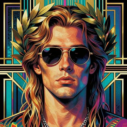 Digital art of a handsome man with long, wavy blonde hair, golden laurel crown, and aviator sunglasses, set against a vibrant, geometric