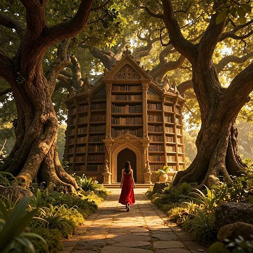 Photograph of a person in a red dress walking towards a grand, book-filled library with intricate arches, surrounded by large, twisted trees in a