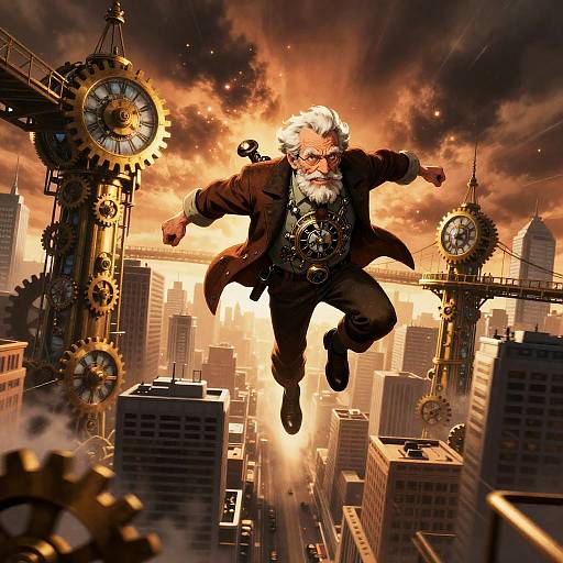 Clockwork Inventor-Hero Soaring Above City