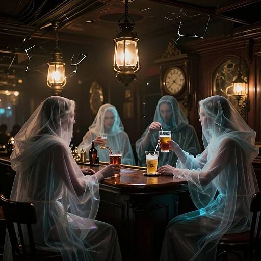 Photograph of three ghostly women in sheer white veils sitting at a dimly lit, vintage-style bar, holding drinks under hanging lanterns.