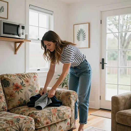 Woman Removing Jacket on Floral Couch