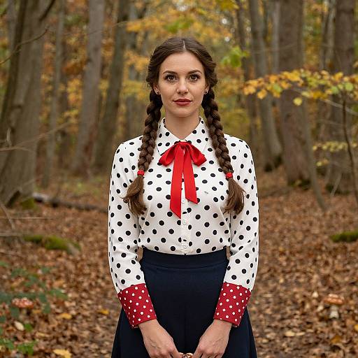 Photograph of a young woman with dark braided hair, wearing a white polka-dot blouse with red bow, red polka-dot sleeves, and