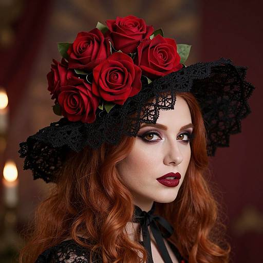 Photograph of a pale-skinned woman with red hair, wearing a black lace hat adorned with red roses, dark red lipstick, and a black ch