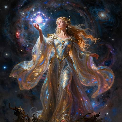 Digital fantasy artwork of a celestial queen with long blonde hair, wearing a glowing, iridescent gown, holding a magical orb in a starry,