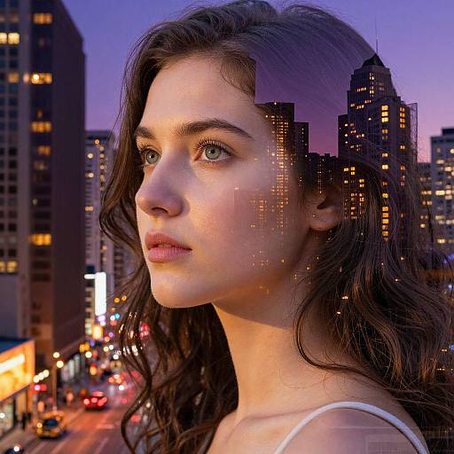 Double Exposure Woman and Cityscape