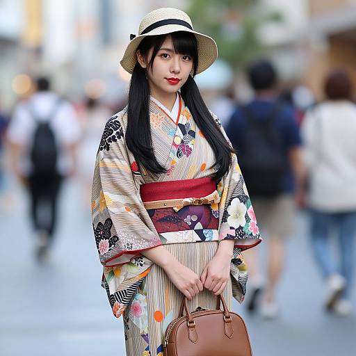 Photograph of an Asian woman with long black hair, red lipstick, wearing a colorful floral kimono, white hat, and holding a brown handbag