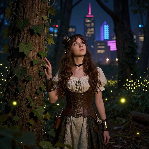 Photograph-style digital artwork of a young woman with wavy brown hair, wearing a corset and lace dress, standing by a tree in a dark
