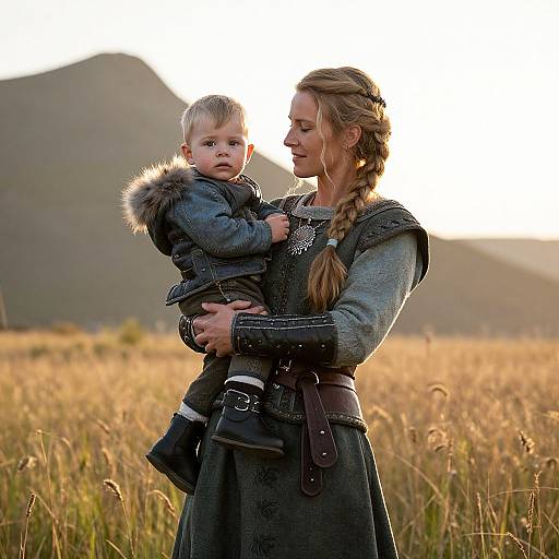 Photograph of a blonde woman with braided hair, wearing medieval-style attire, holding a baby in a fur-trimmed jacket, standing in a