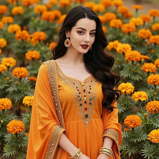 Photograph of a beautiful South Asian woman with long black hair, wearing an orange embroidered kurta, gold jewelry, standing amidst vibrant orange marigolds