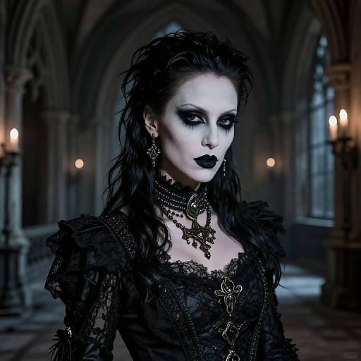 Gothic vampire woman with pale blue skin, dark makeup, black lace dress, intricate jewelry, and wet black hair in a dimly lit,