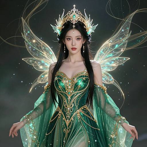 Digital art of a fair-skinned, Asian fairy with long black hair, glowing green and gold dress, translucent wings, and ornate crown, against