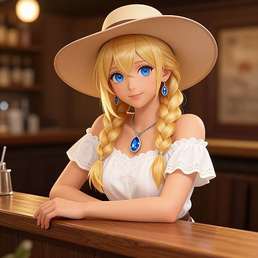 Digital anime-style image of a blonde woman with blue eyes, wearing a white off-shoulder top, braided hair, blue earrings, and hat